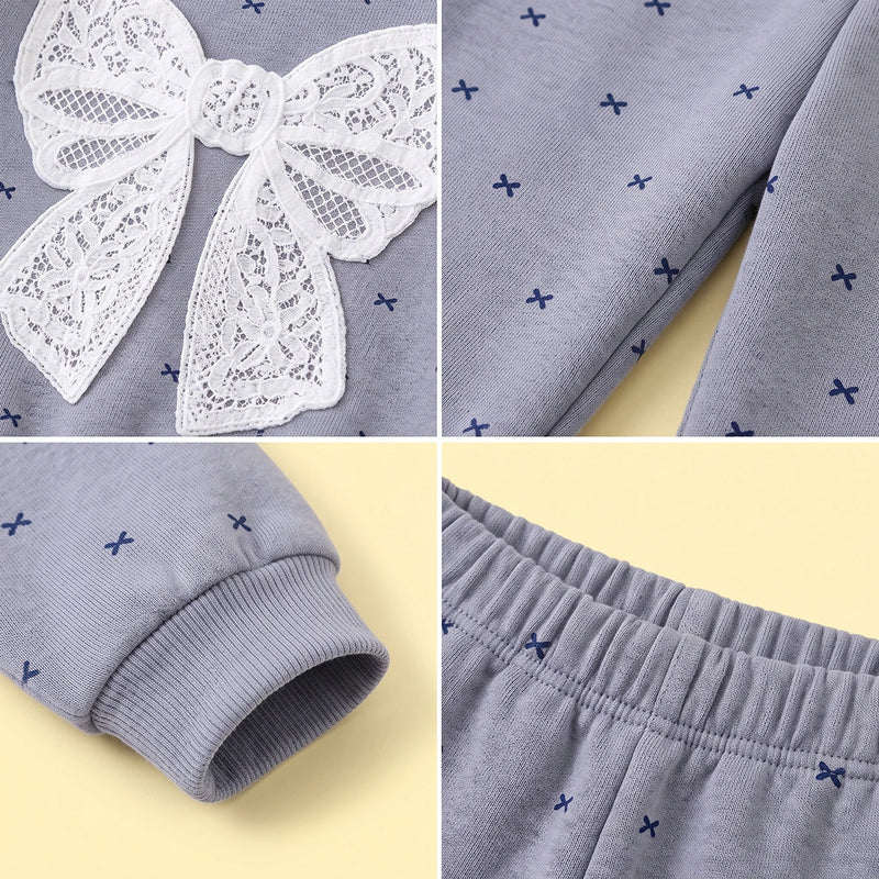 Girls Grey Bow Printed Sweatshirt & Pants Co-ord Sets Sets