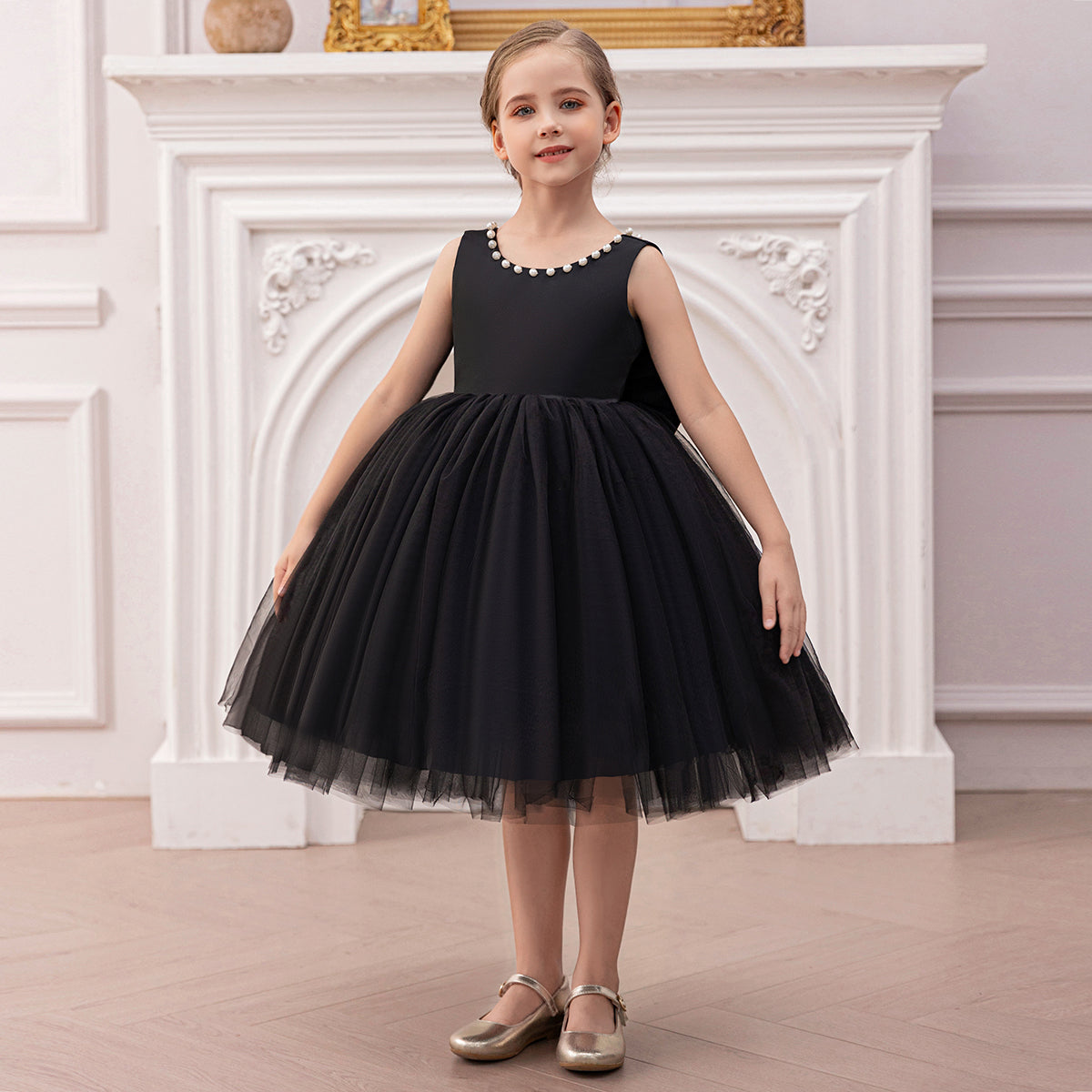 Girls Black Duchess Satin with Beaded Neck Tulle Overlay Party Dress Party Dresses