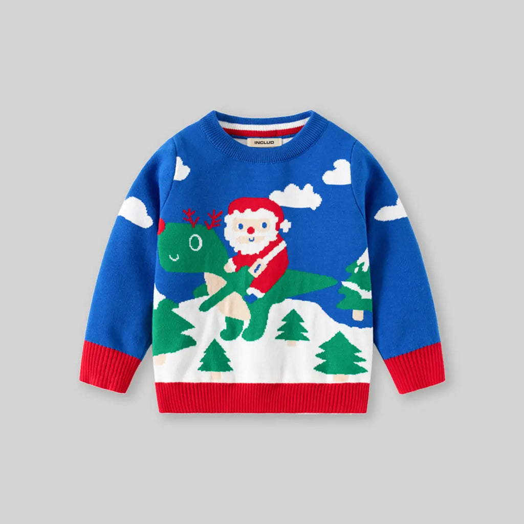 Boys Blue Sweater With Self-Design Santa Pattern Sweaters & Cardigans