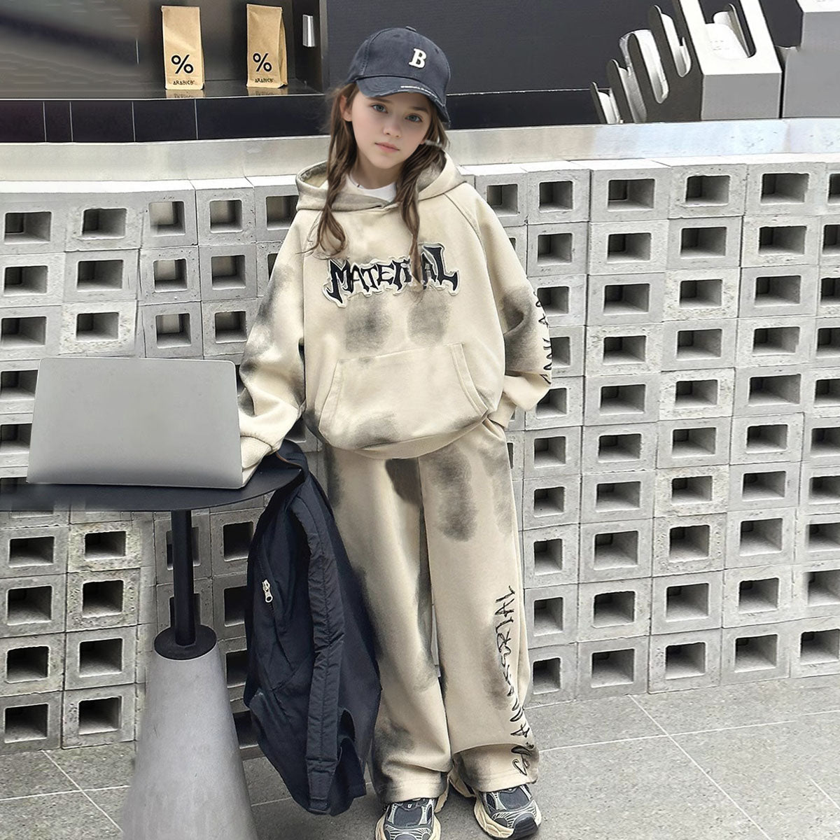 Girls Apricot Abstract Printed Hooded Neck Sweatshirt With Pants Winter Co-ord Set 2 pc. Sets