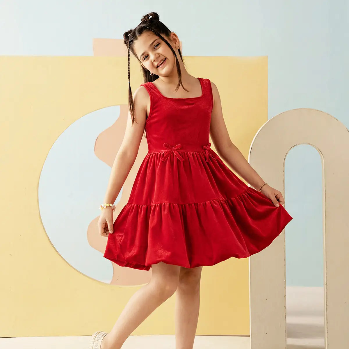 Girls Red Sleeveless Tiered Fit & Flare Dress Casual Dresses