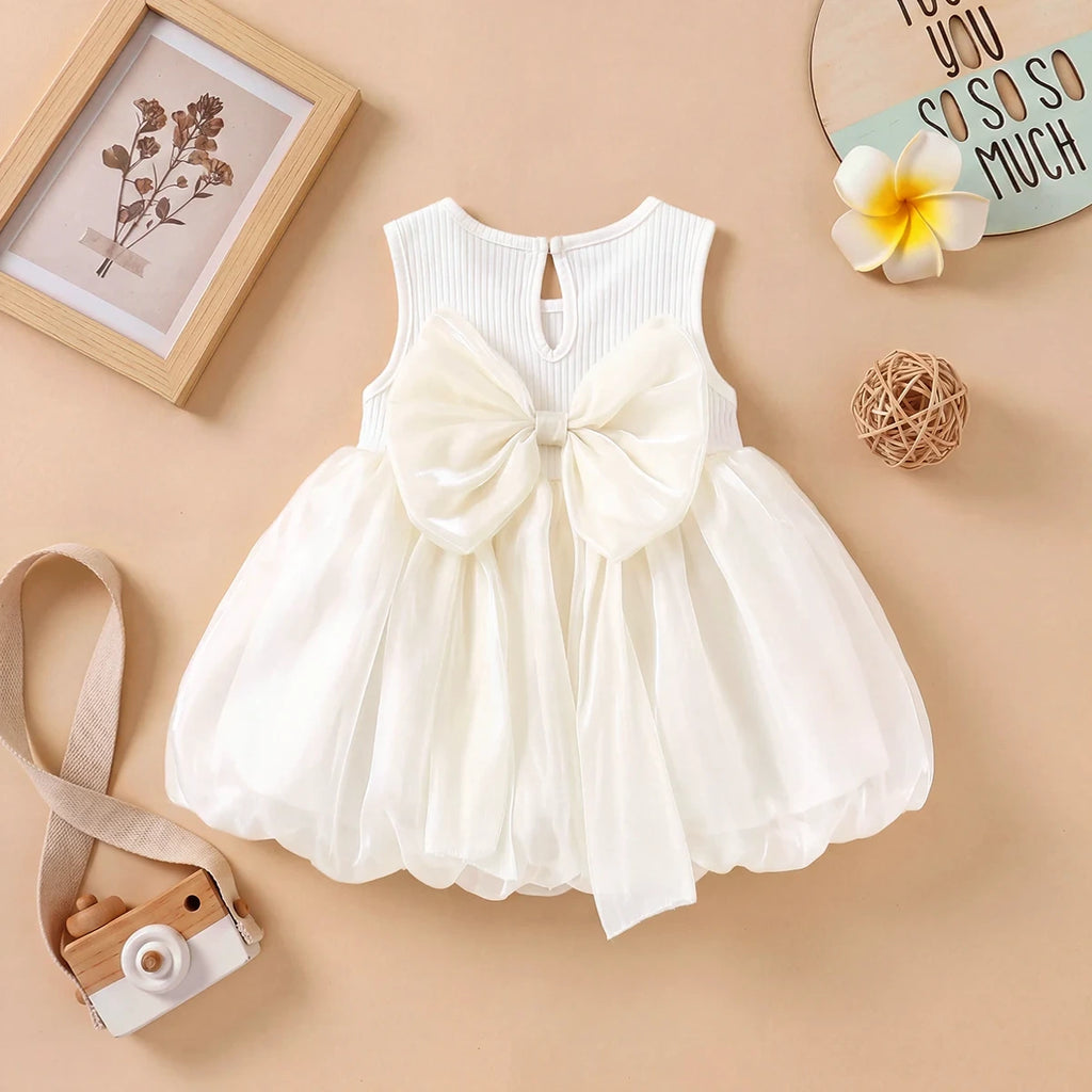 Girls Off White Bow Detailed Sleeveless Balloon Dress Casual Dresses