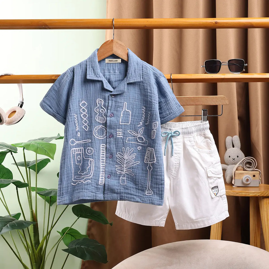 Boys Blue Graphics Short Sleeve Shirt With Elasticated Shorts Sets 2 pc. Sets Blue 9-12 M