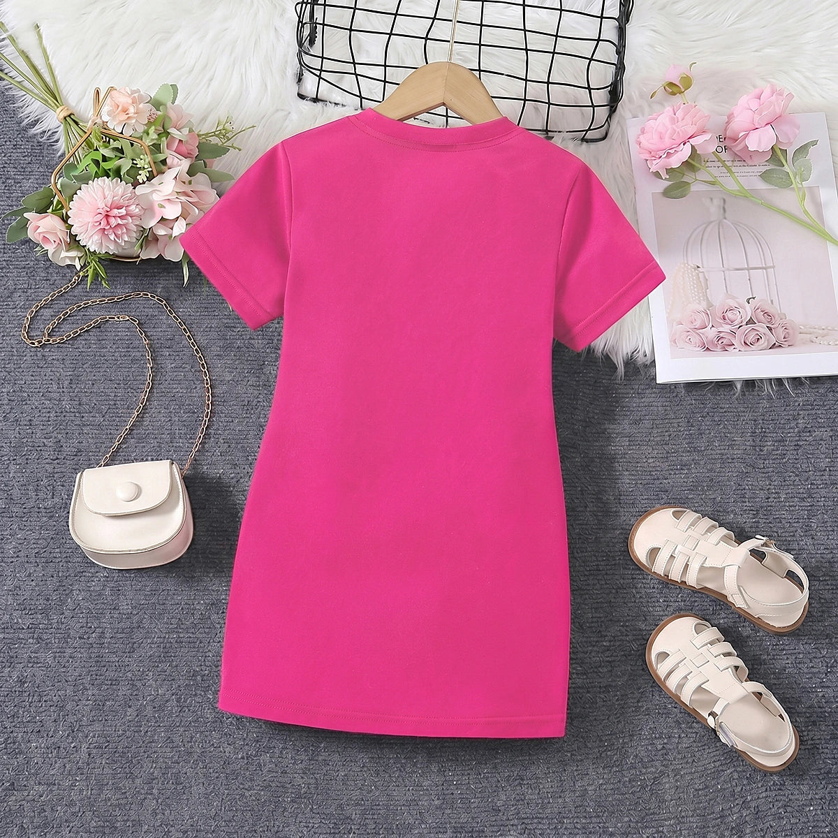 Girls Fuchsia Smile Print Short Sleeve T-Shirt Dress Casual Dresses