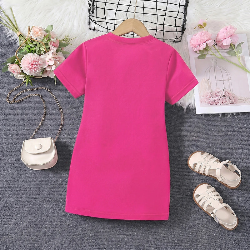 Girls Fuchsia Smile Print Short Sleeve T-Shirt Dress Casual Dresses