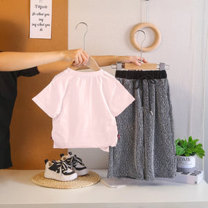 Girls Pink Frayed-Denim Star Applique T-Shirt With Wide-Leg Textured Pant Sets Sets