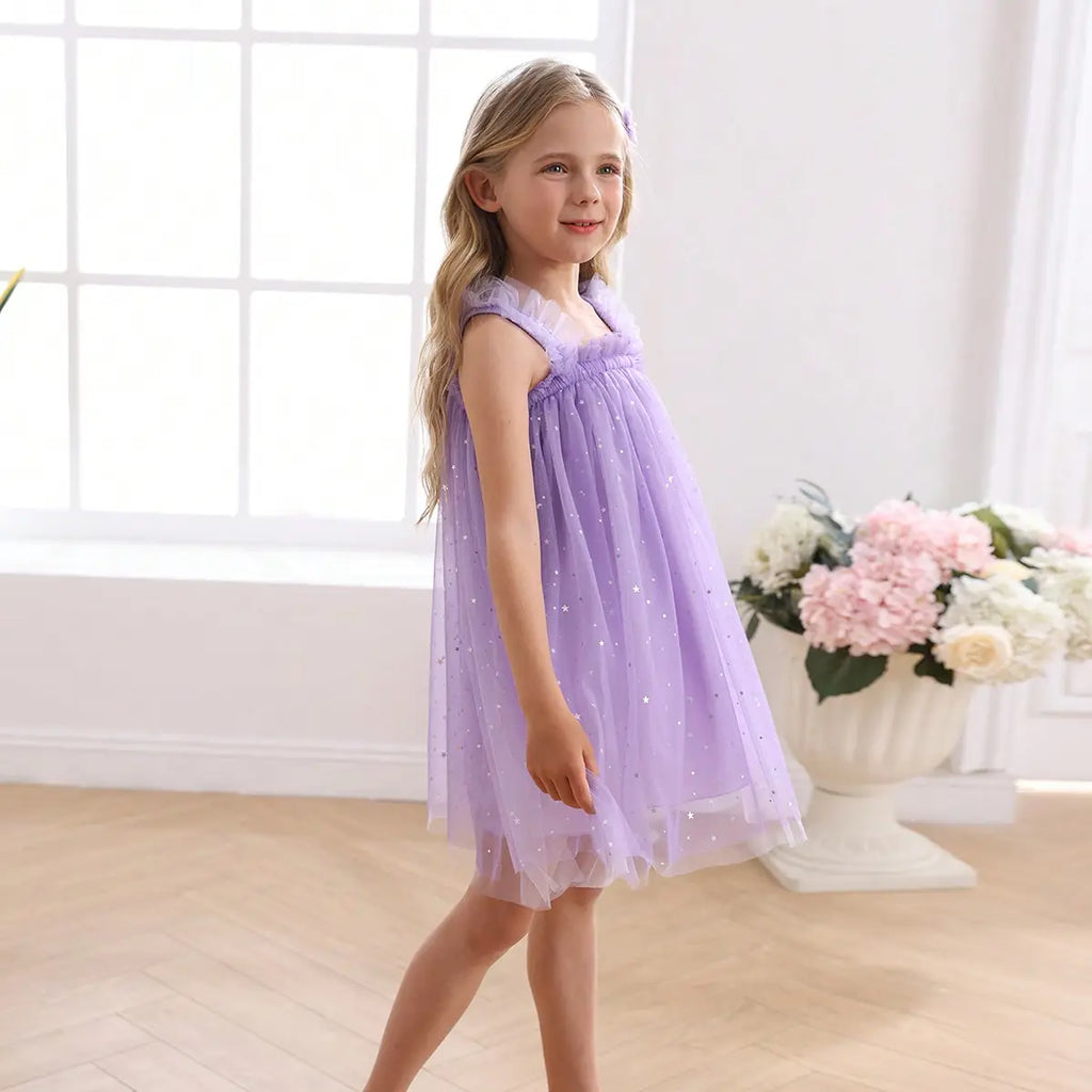 Girls Purple Polka Dot Print Tulle Overlay Sleeveless A-line Dress Casual Dresses