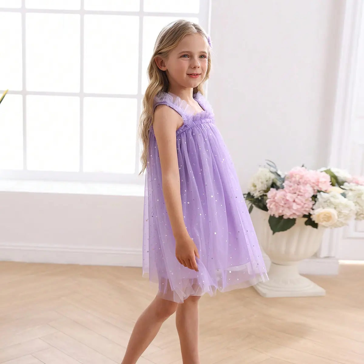 Girls Purple Polka Dot Print Tulle Overlay Sleeveless A-line Dress Casual Dresses
