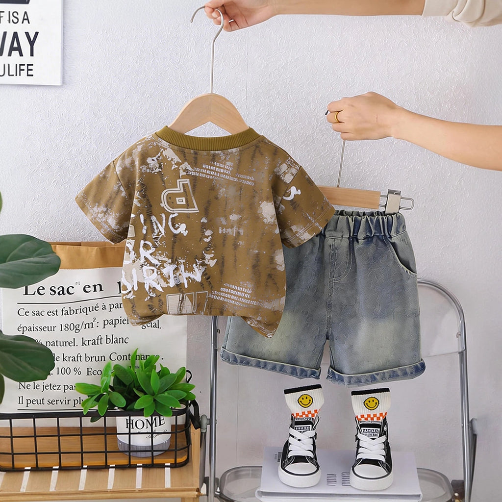 Boys Muted Olive Typographic Print T-Shirt With Denim Shorts Set Sets