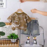 Boys Muted Olive Typographic Print T-Shirt With Denim Shorts Set Sets