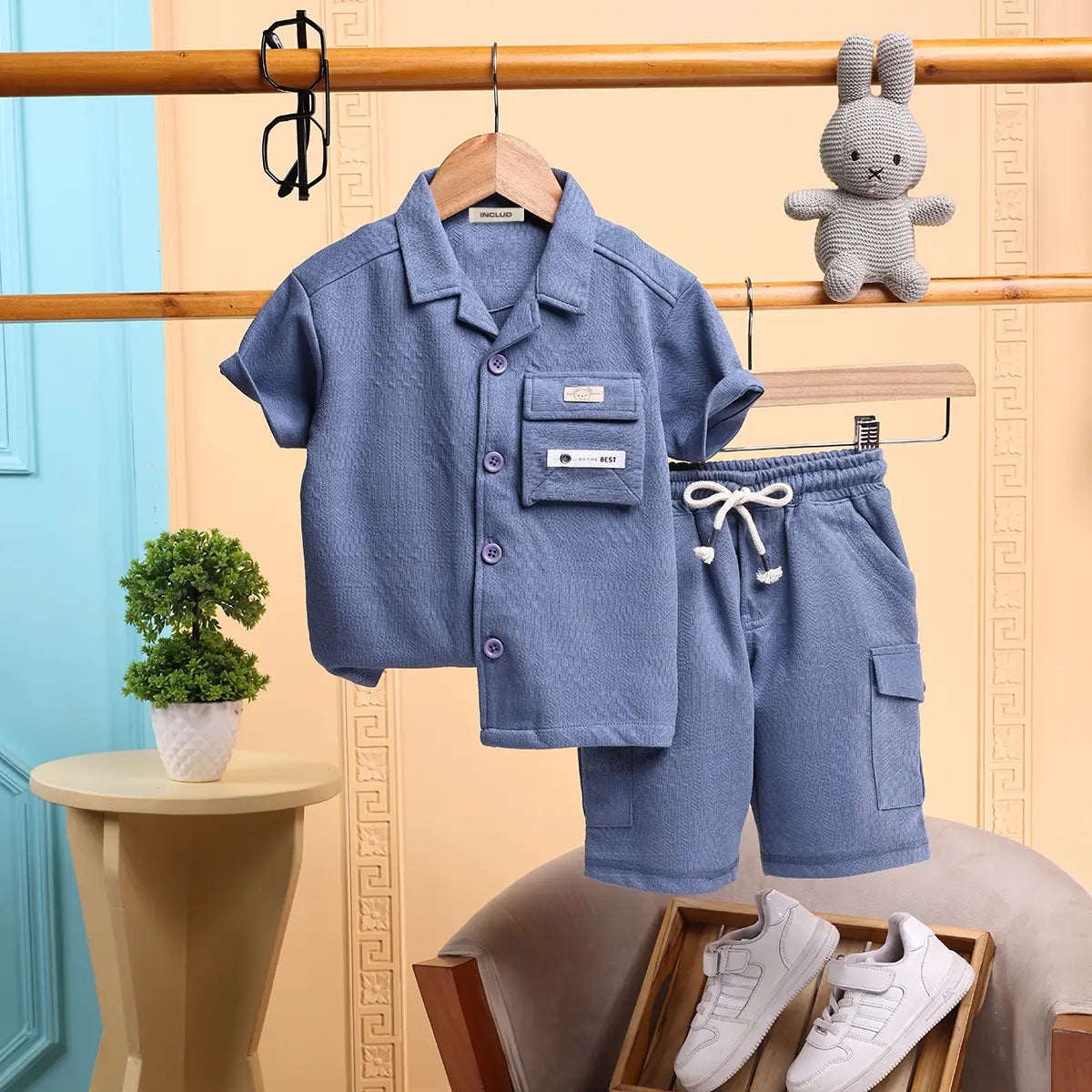 Boys Blue Self Design Shirt With Cargo Shorts Sets 2 pc. Sets Blue 6-12 M