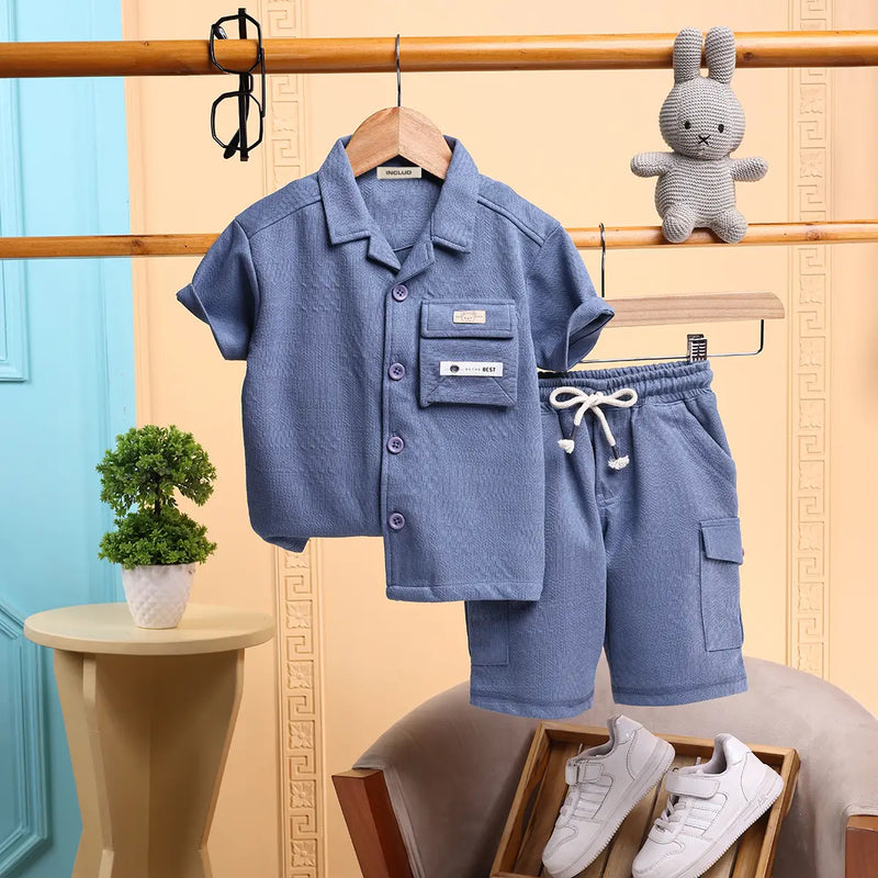 Boys Blue Self Design Shirt With Cargo Shorts Sets 2 pc. Sets Blue 6-12 M