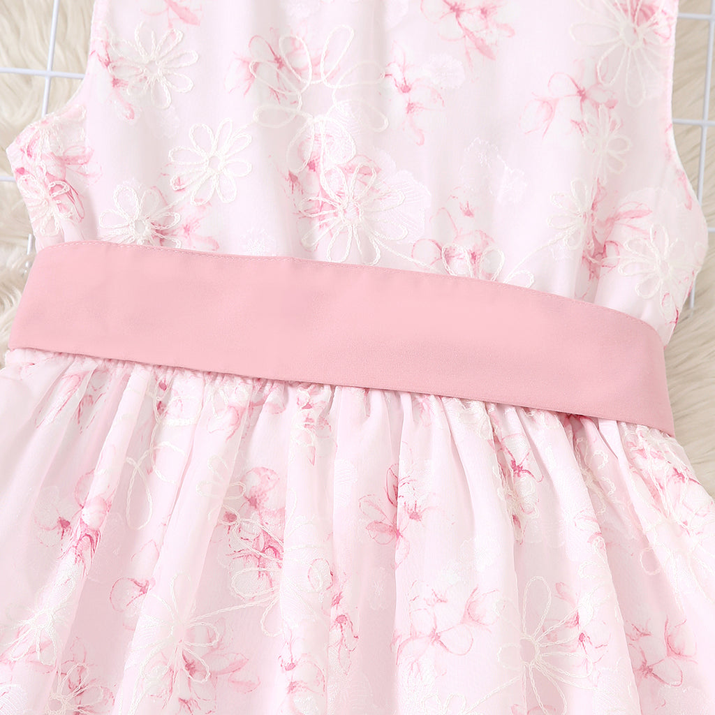 Girls Pink Flower Print Sleeveless Fit & Flare Dress Casual Dresses