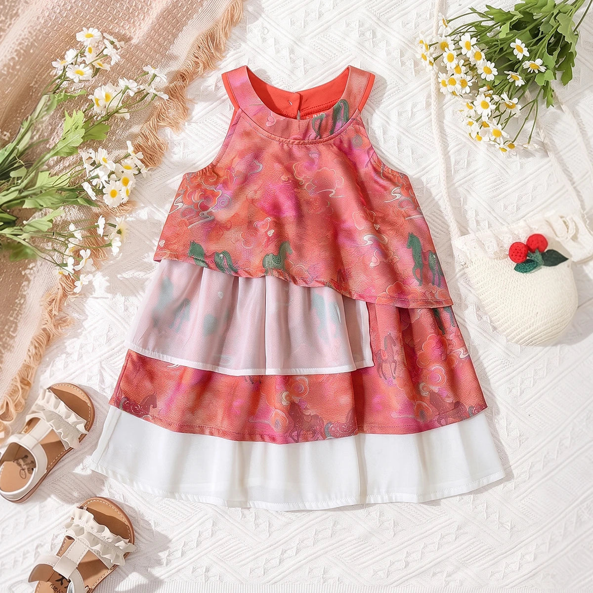 Girls Multicolour Animal Print Sleeveless Layered Dress Casual Dresses Multicolor 1-2 Y