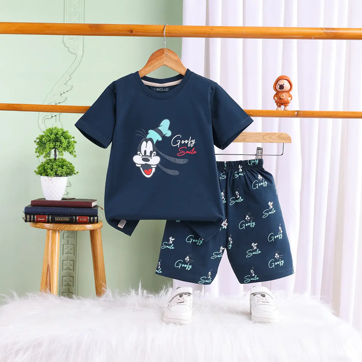 Boys Navy Blue Goofy Print T-Shirt With Shorts Sets Sets Navy Blue 1-2 Y