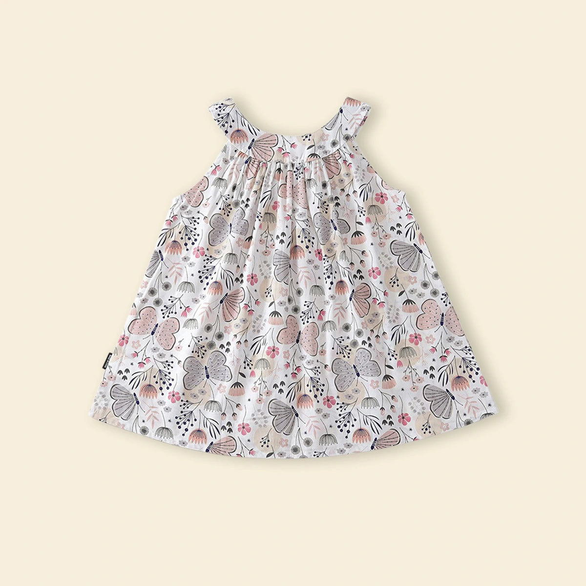 Girls Off White Butterfly Printed Round Neck A-line Dress Casual Dresses
