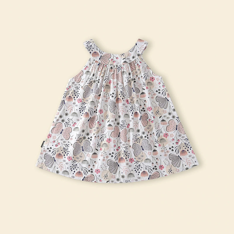 Girls Off White Butterfly Printed Round Neck A-line Dress Casual Dresses