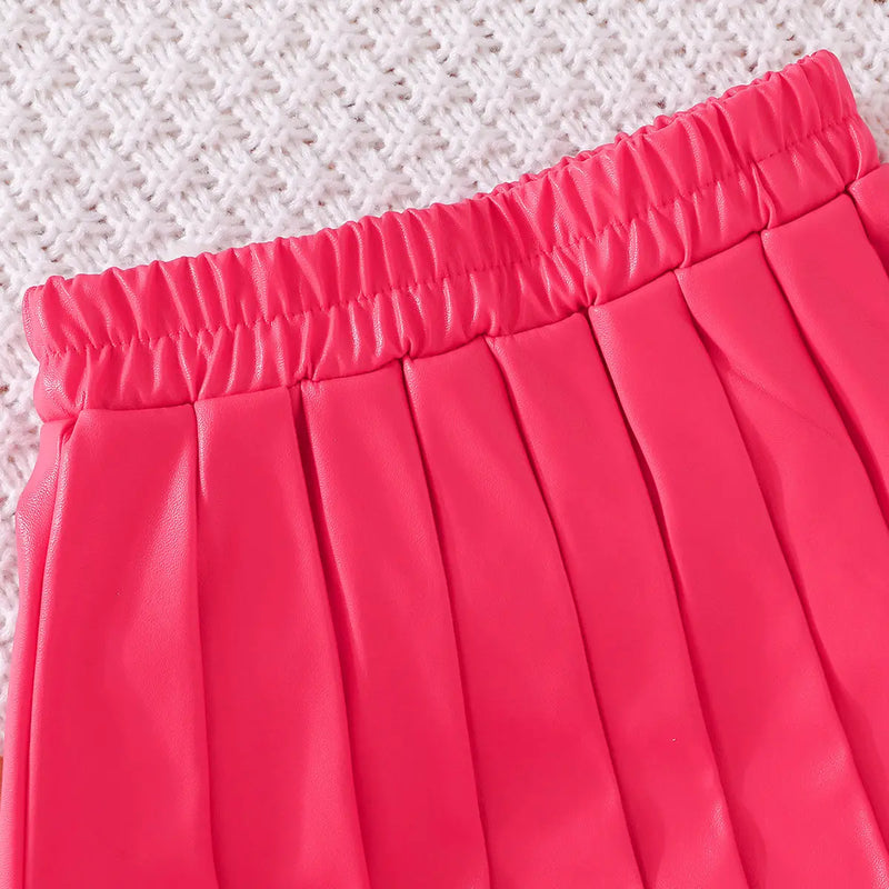 Girls Ruffle Applique Top With Pink Faux Leather Pleated Skirt Sets Sets