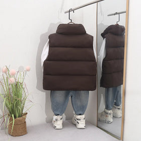 Boys Dark Brown Quilted Puffer Zip-up Vest With Stand-up Collar Coats & Jackets