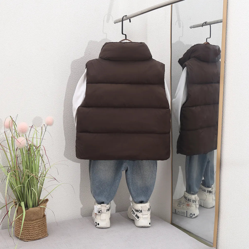 Boys Dark Brown Quilted Puffer Zip-up Vest With Stand-up Collar Coats & Jackets