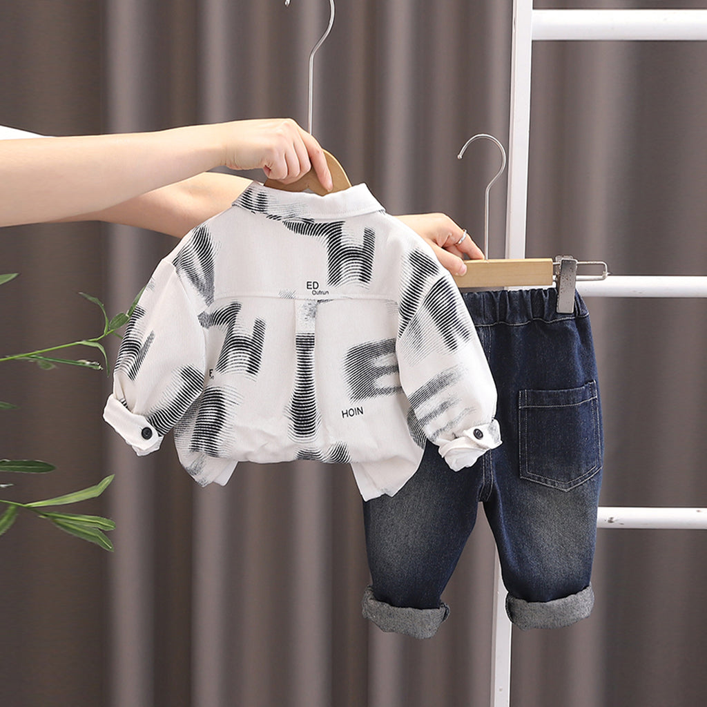 Boys White Abstract Printed Shirt With T-Shirt & Denim Pants Set Sets
