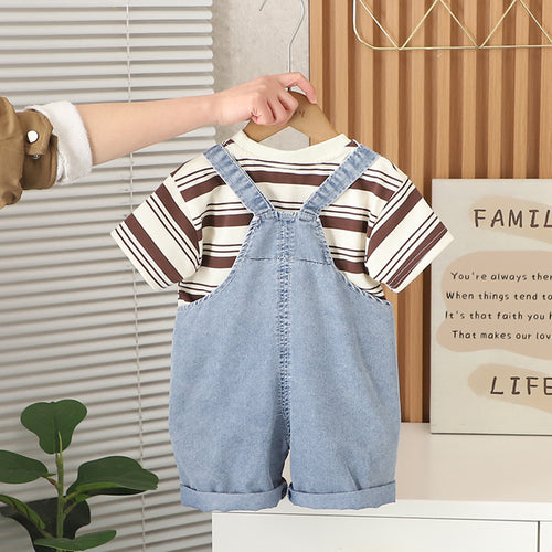 Boys Brown Striped T-Shirt with Denim Dungaree Set Sets