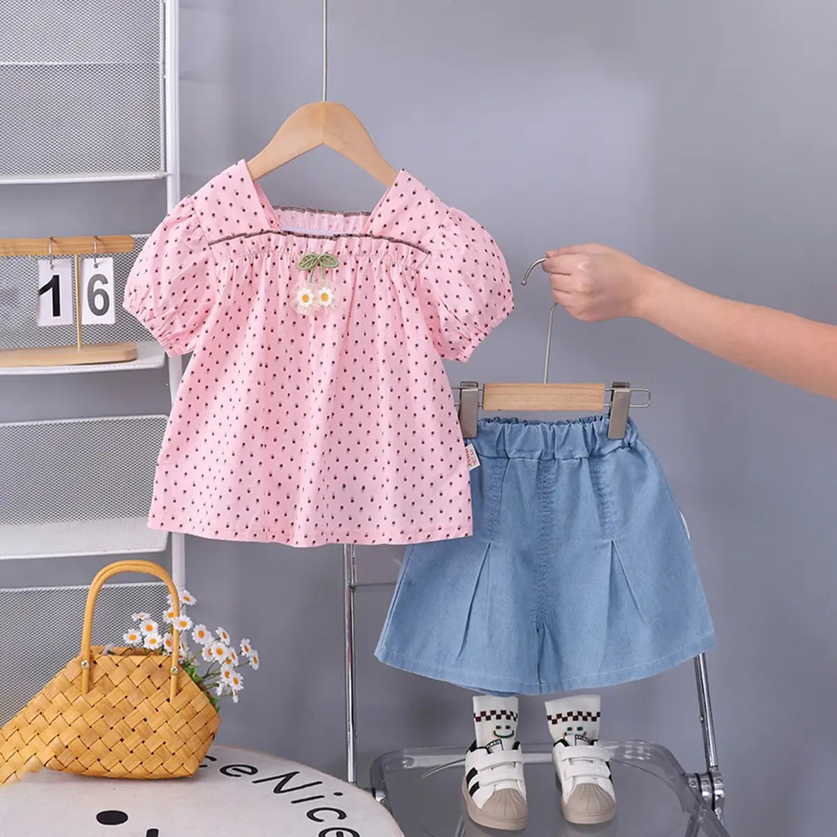 Girls Light Pink Polka Dot Printed Puff Sleeve Top With Denim Shorts Sets 2 pc. Sets Light Pink 1-2 Y