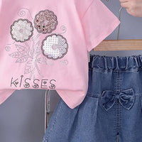 Girls Pink Flower Embellished T-Shirt With Denim Shorts Sets Sets