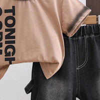 Boys Brown Typographic Print T-Shirt With Denim Shorts Set Sets
