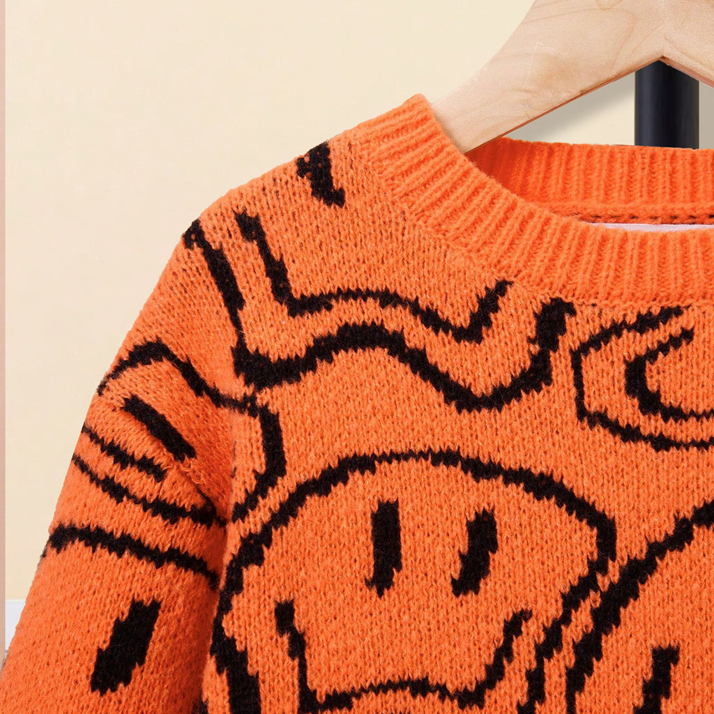 Girls Orange Abstract Printed Regular Winter Sweater Sweaters & Cardigans