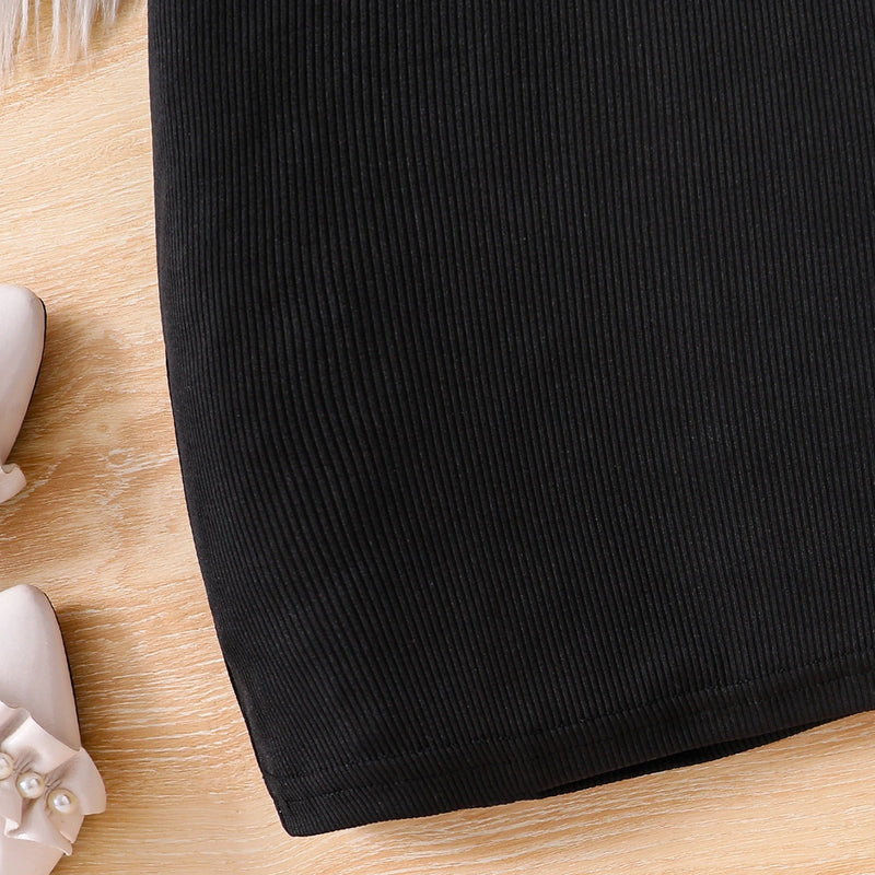 Girls Black Puff Sleeve Ribbed Bodycon Dress Casual Dresses