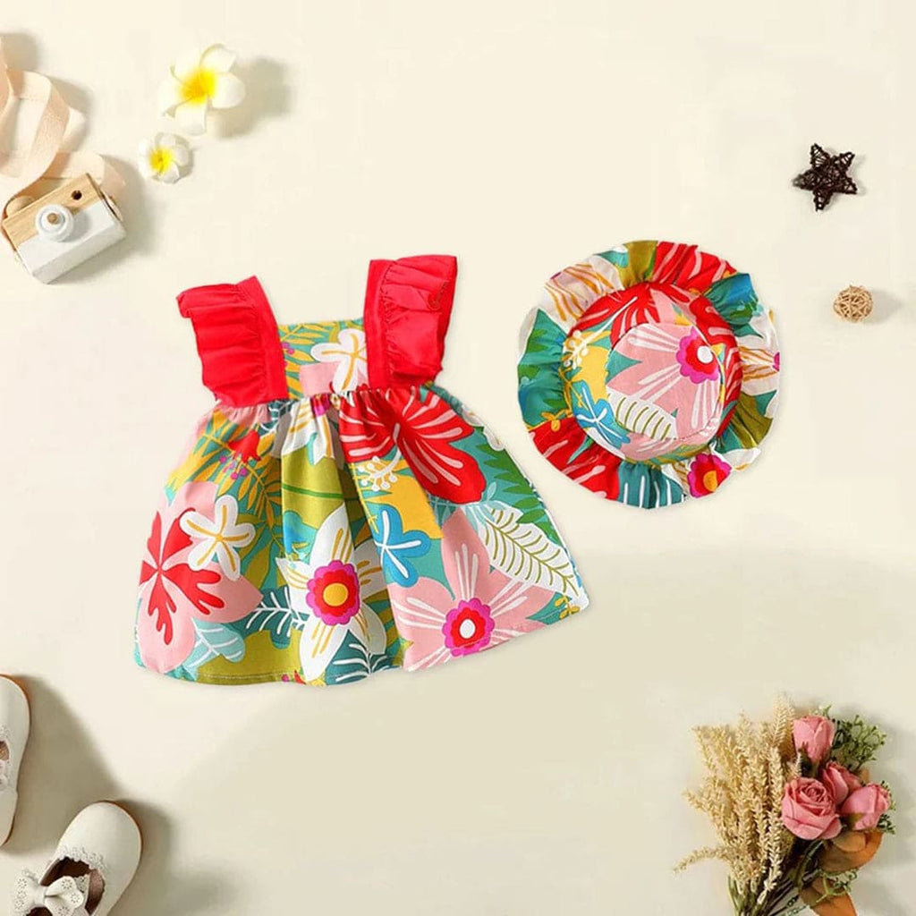 Girls Floral Print Summer Dress with Hat