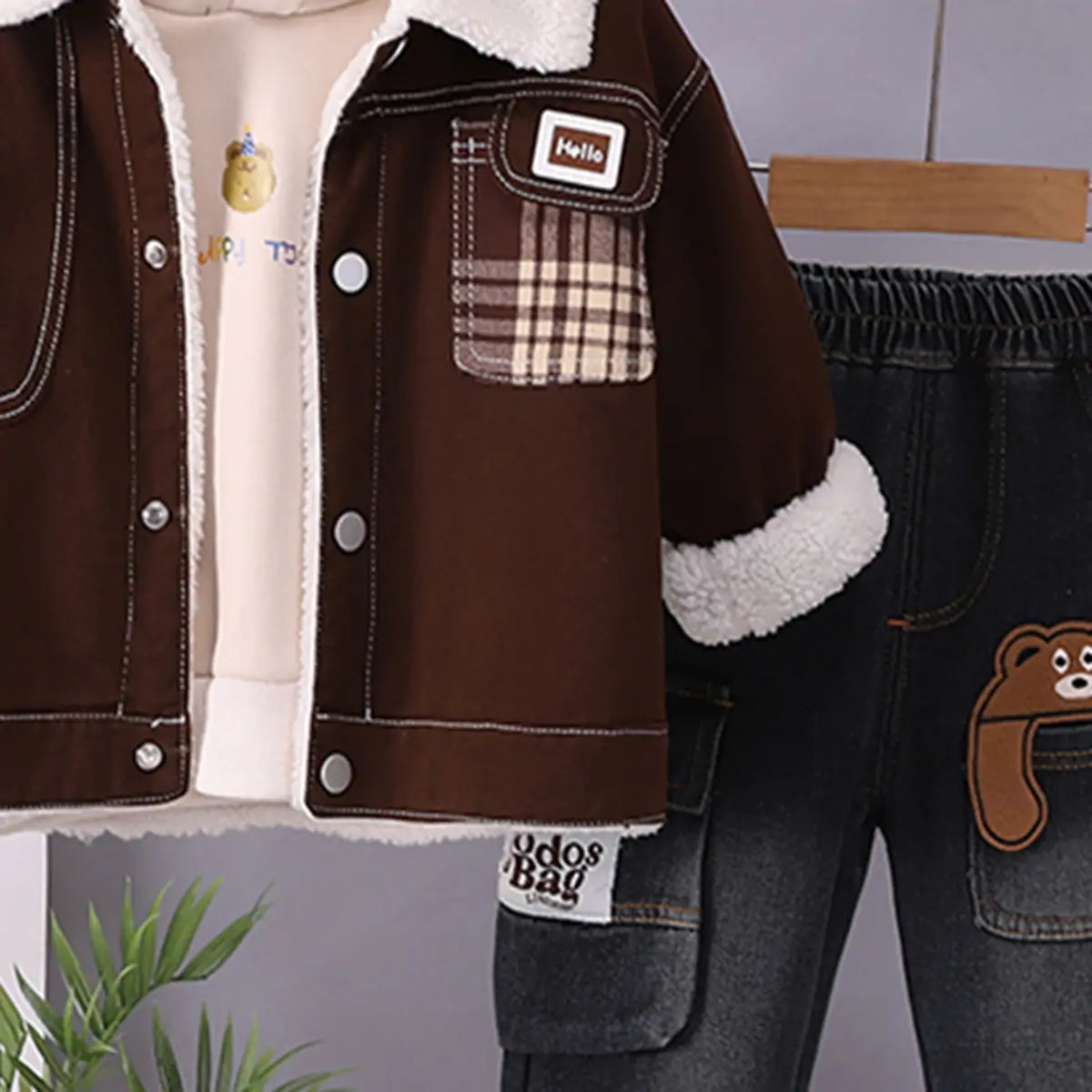 Boys Long Sleeves Dark Brown Jacket With Sweatshirt And Pants Sets 3 pc. Sets