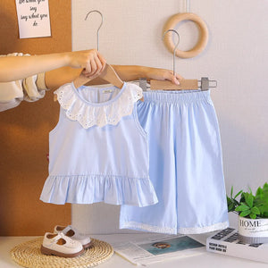 Girls Light Blue Sleeveless Ruffled Top With Pants Sets Sets Light Blue 1-2 Y