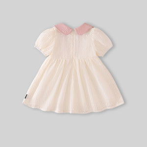 Girls Apricot Textured Bow Embellished Peter Pan Collar Dress Casual Dresses