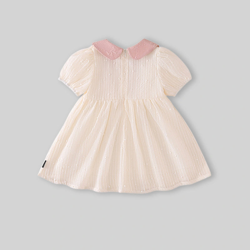 Girls Apricot Textured Bow Embellished Peter Pan Collar Dress Casual Dresses