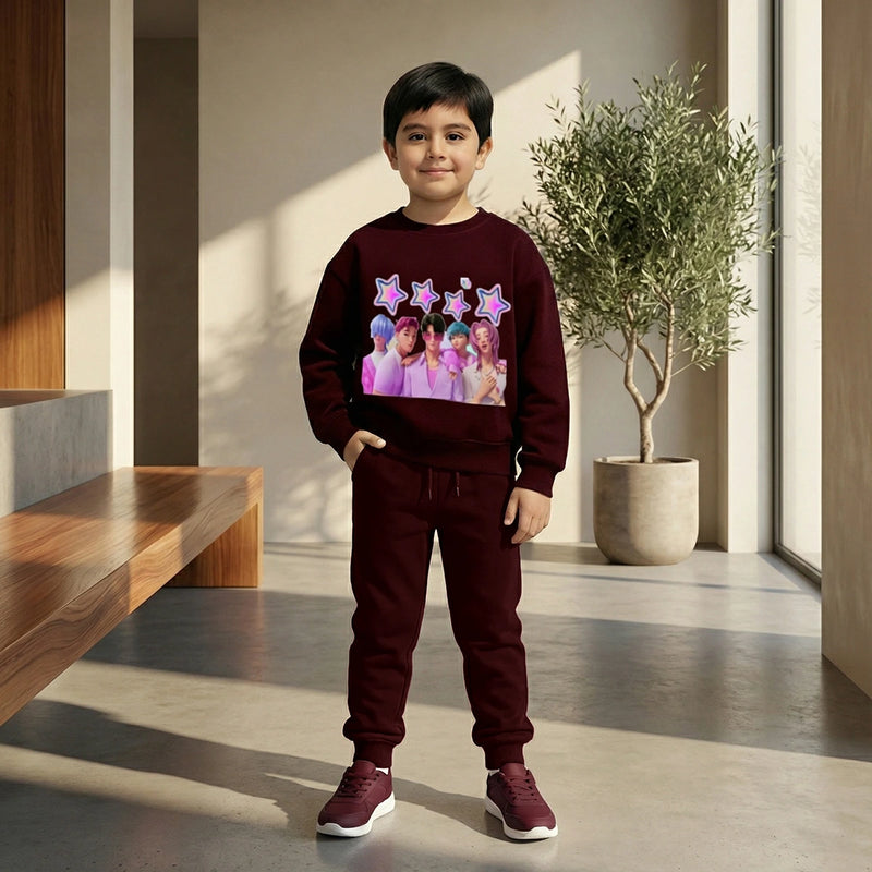 Boys Maroon K-Pop Star Graphics Sweatshirt With Jogger Co-ord Sets Sets Maroon 6-7 Y