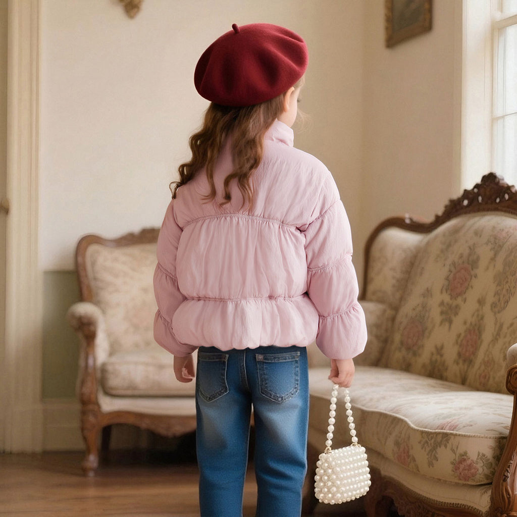Girls Light Pink Solid Puffer Winter Jacket Coats & Jackets