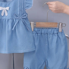 Girls Blue Bow Applique Flutter Sleeve With Elasticated Shorts Sets 2 pc. Sets