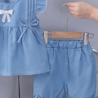 Girls Blue Bow Applique Flutter Sleeve With Elasticated Shorts Sets 2 pc. Sets