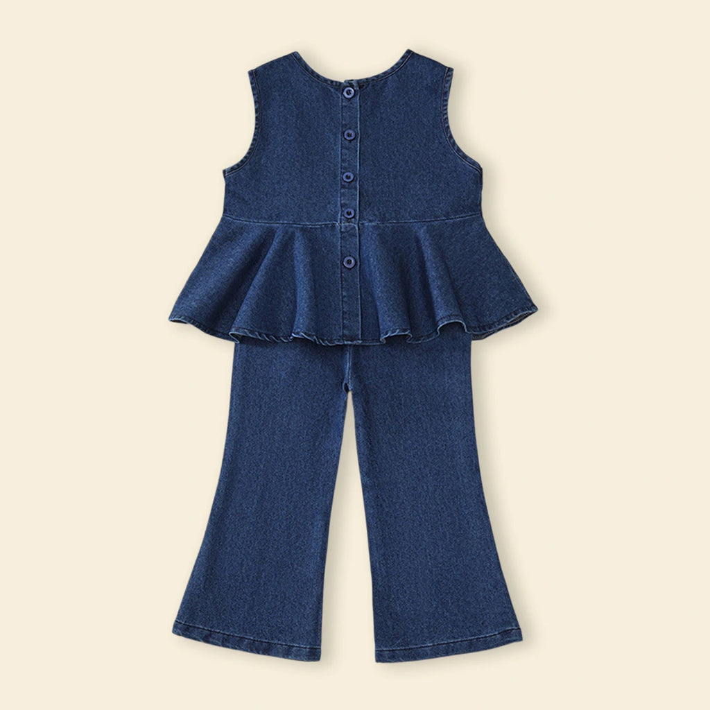 Girls Navy Blue Peplum Top with Flared Denim Pants Sets Sets