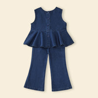 Girls Navy Blue Peplum Top with Flared Denim Pants Sets Sets