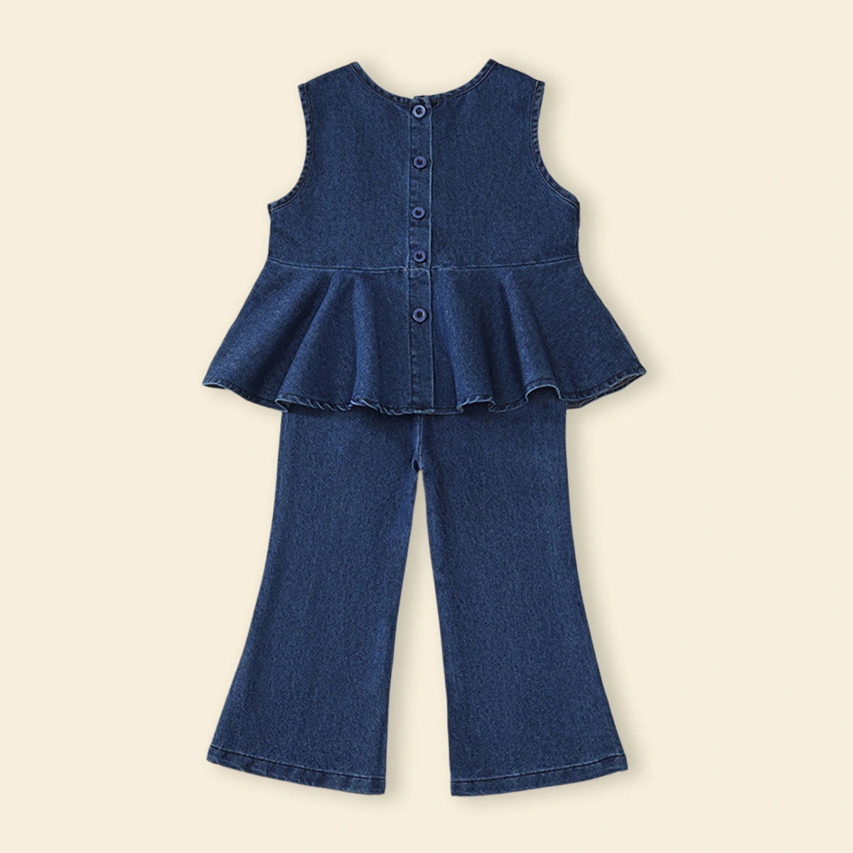 Girls Navy Blue Peplum Top with Flared Denim Pants Sets Sets