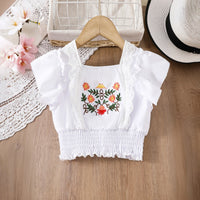 Girls White Floral Embroidered Top & Denim Shorts With Lace Trim Sets Sets