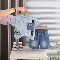 Boys Light Blue Typographic Printed Short Sleeve T-Shirt With Denim Shorts Sets 2 pc. Sets Light Blue 1-2 Y