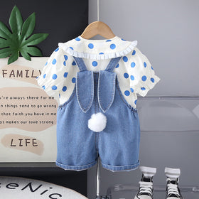 Girls Blue Polk Dot Printed Puff Sleeves Top With Denim Dungaree Set 2 pc. Sets
