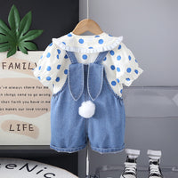 Girls Blue Polk Dot Printed Puff Sleeves Top With Denim Dungaree Set 2 pc. Sets