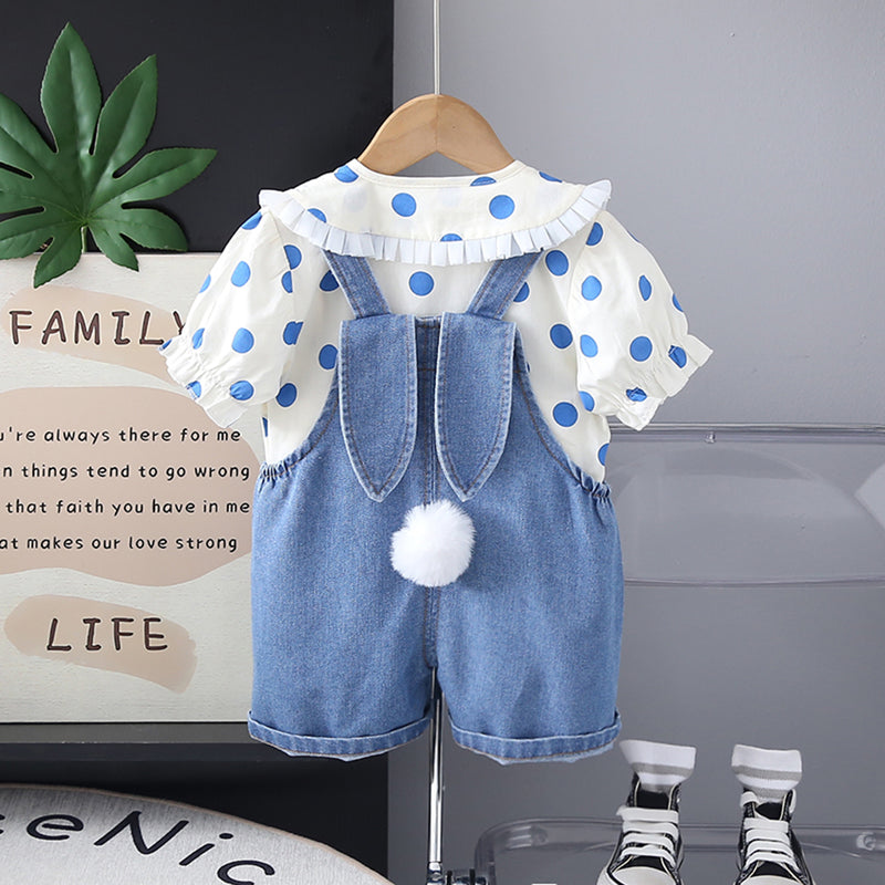 Girls Blue Polk Dot Printed Puff Sleeves Top With Denim Dungaree Set 2 pc. Sets