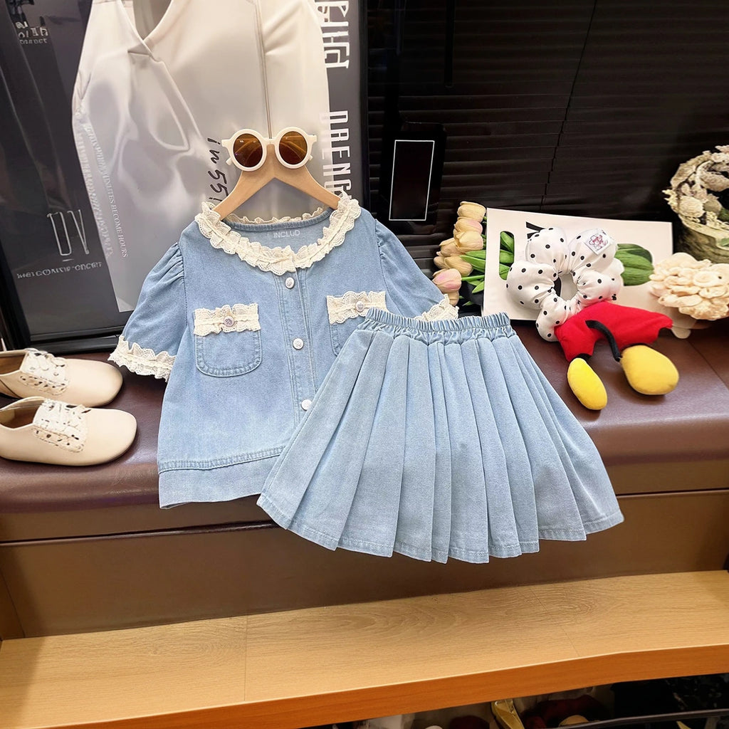 Girls Light Blue Puff Sleeve Top With Denim Skirt Sets 2 pc. Sets Light Blue 1-2 Y