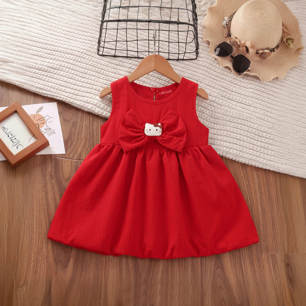 Girls Red Bow Applique Sleeveless Balloon Dress Casual Dresses Red 1-2 Y